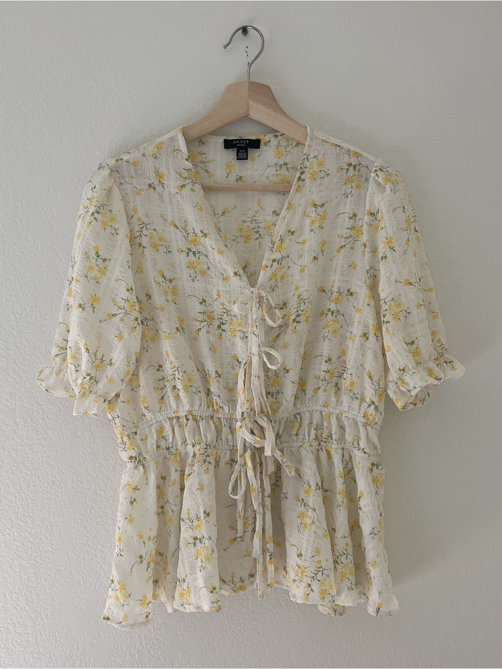 Haver Cream Floral Tie-Front Peplum Blouse